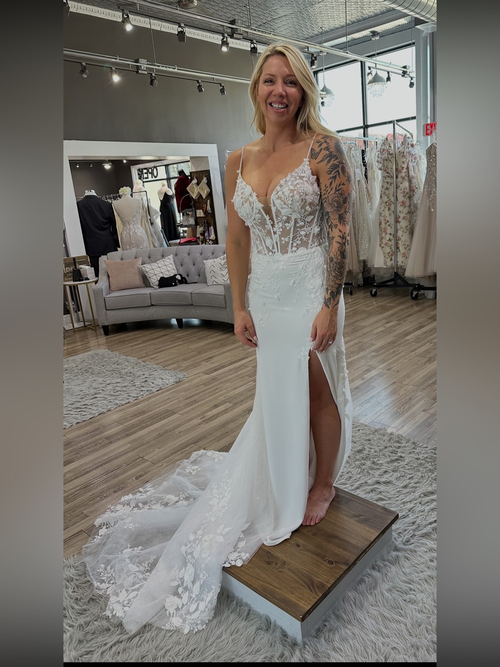 White Lace Appliqué Bridal Gown with Sheer Bodice